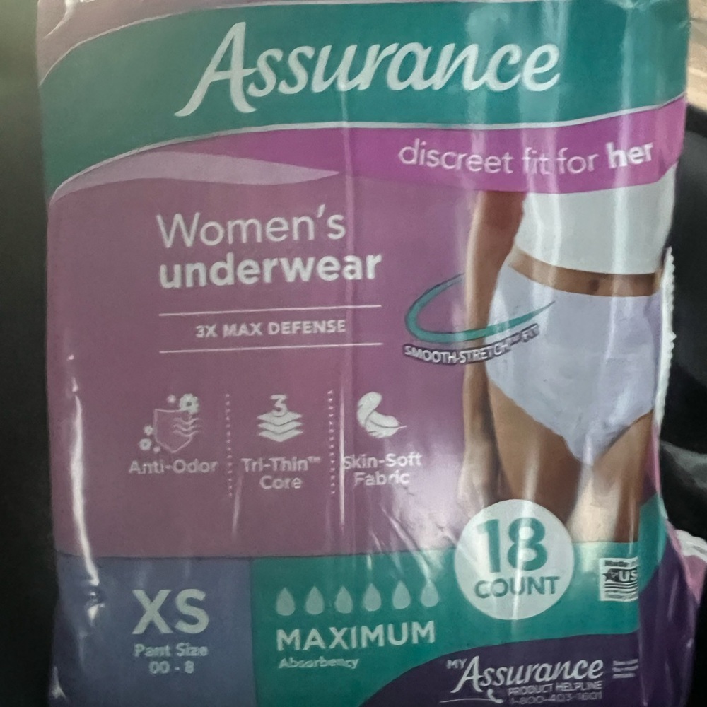 Assurance disposal underwear. Has #18 underwear’s in each pack